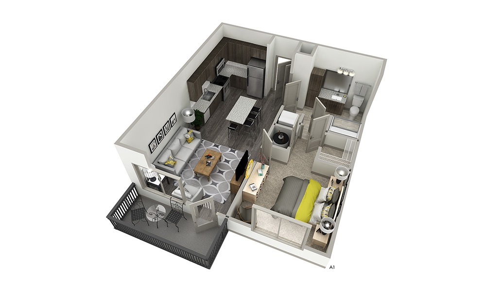 A1 - 1 bedroom floorplan layout with 1 bath and 648 square feet. | Cropped | Inspire
