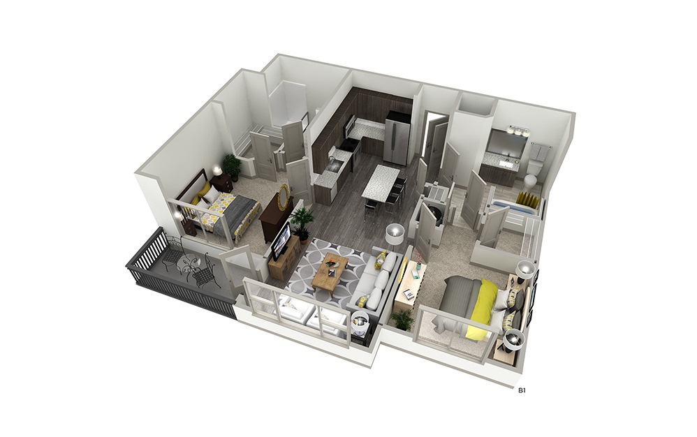 B1 - 2 bedroom floorplan layout with 2 baths and 945 square feet. | Cropped | Inspire