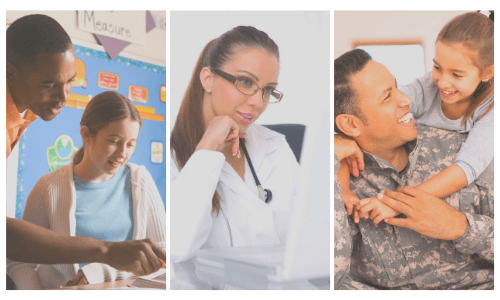 A diverse banner featuring a male teacher engaging with his student, a female doctor studying her notes, and a soldier spending time with his daughter