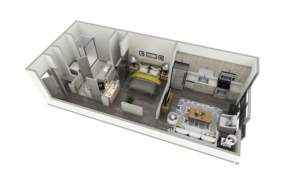 S2 - Studio floorplan layout with 1 bath and 572 square feet. | Cropped | Inspire