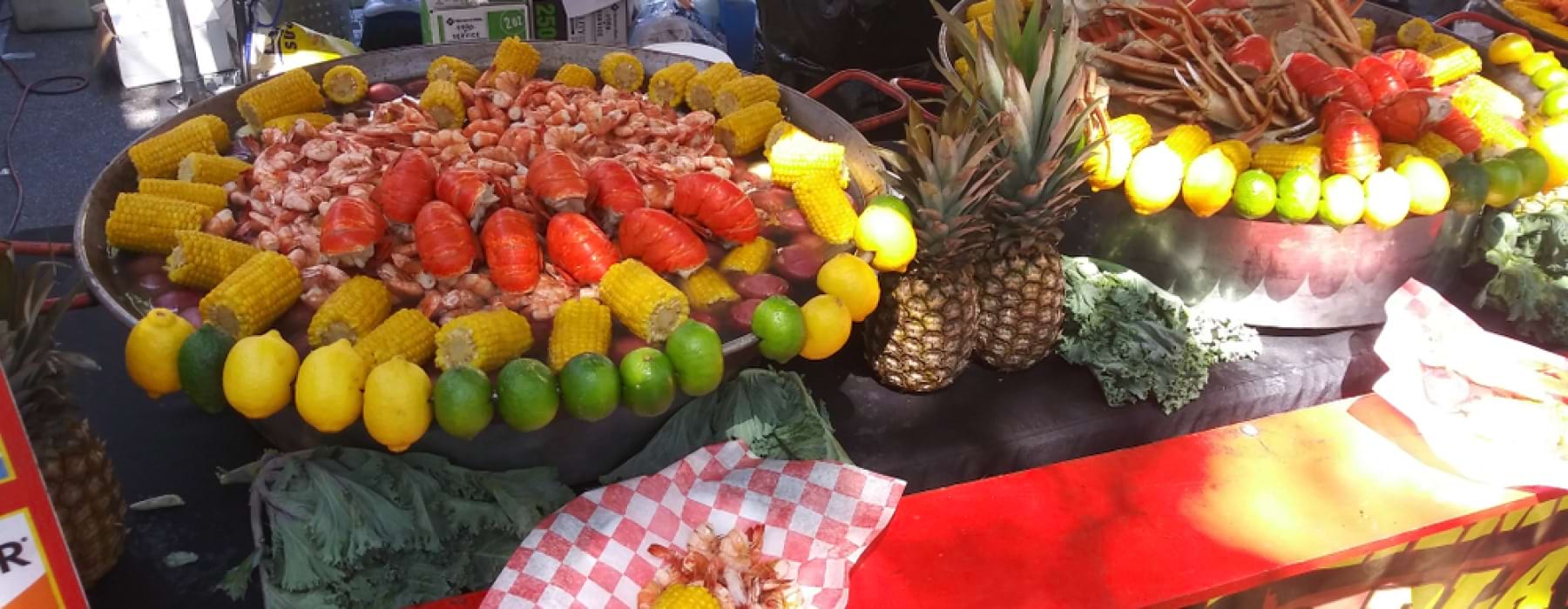 Seafood including lobster served on big platters